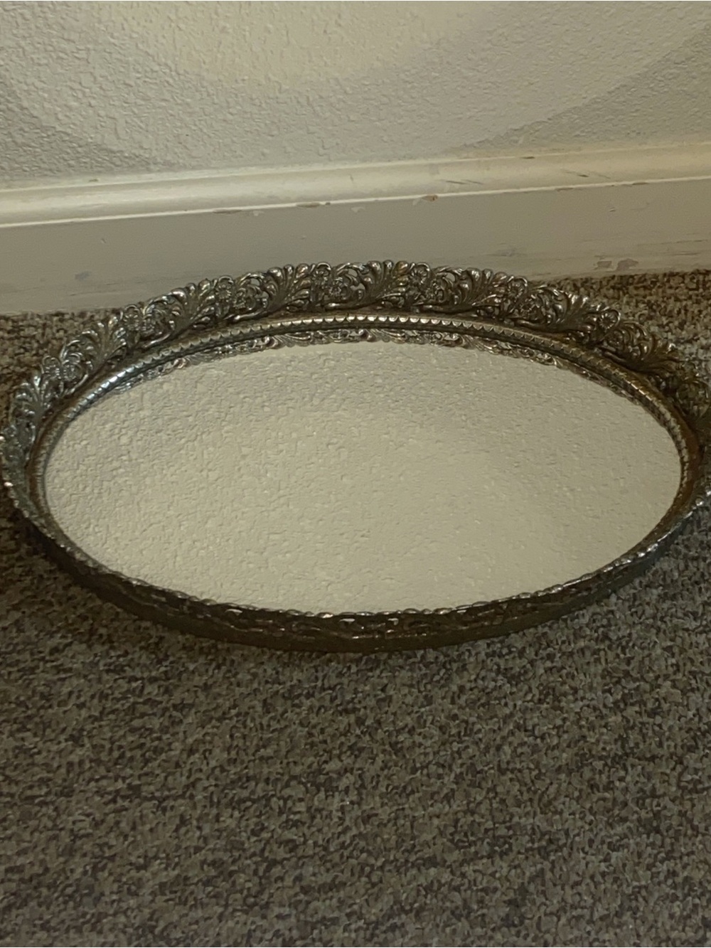 Ornate Oval Mirrored Tray-Siver - Tone Vintage Brass Vanity Perfume Tray Mirror - Picture 8 of 14